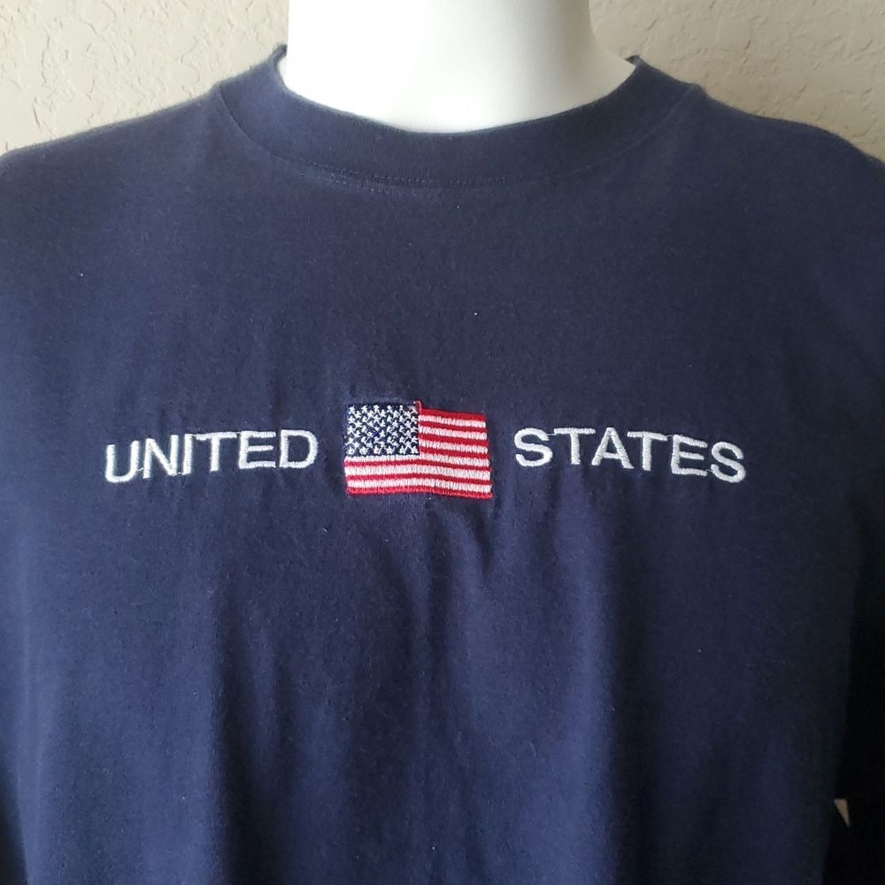 VTG Old Varsity Brand United States Flag Shirt XXL Blue Embroidered Patriotic - Picture 5 of 12